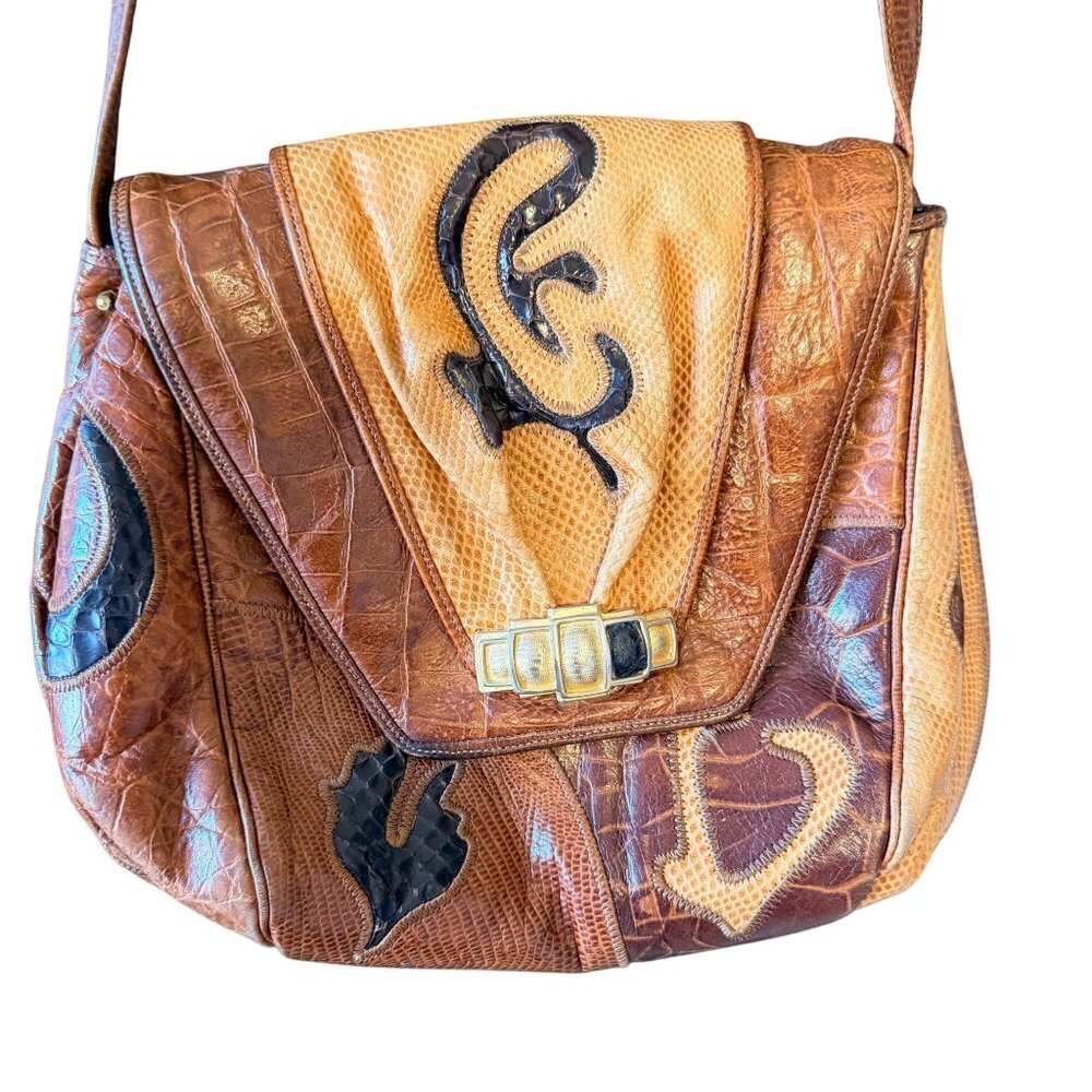 Sharif Vintage Leather Crossbody Bag Snakeskin Croc Embossed Brown USA Retro - Picture 4 of 16